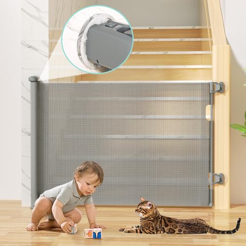 Retractable Baby Gates No Drill for Stairs Doorways with Auto-lock, 33" *55'' Mesh Baby/Dog/Pet/Cat Gate Safety Double Locking, Punch-free Durable Child Safety Gate for Hallways kitchen Indoor/Outdoor
