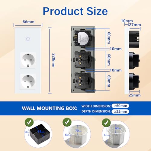 BSEED Touch Lichtschalter mit Steckdosen 1 Fach 1 Weg Wandschalter mit doppelten Steckdosen Unterputz Touchscreen-schalter mit Glasrahmen 228mm Wei&szlig;