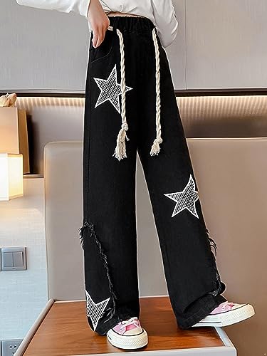 Kids Girls Baggy Ripped Jeans Elastic Waist Casual Distressed Denim Pants Wide Leg Straight Trousers3