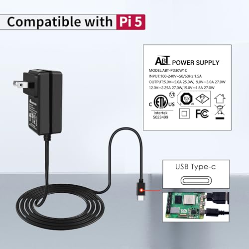 Image of GeeekPi 27W Power Supply for Raspberry Pi 5, PD Adapter USB C Power Adapter for Raspberry Pi 5 16GB /8GB /4GB /2GB