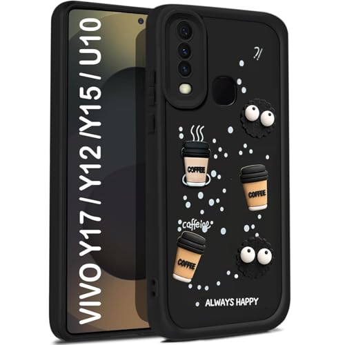 Image of KashiVerse Cute Fun Ball | Taddy Cartoon 3D Smiley Coffee | 3D Eyes| Full Camera Protection Back Cover Compatible for Vivo 1916 / U10 / Y15 / Y12 / Y17 - Black