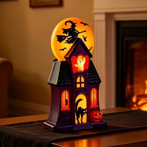 Halloween Haunted House Blow Mold Light - Resin Pre-Lit Spooky Mansion with Glowing Witch Moon Ghost & Black Cat Vintage Spooky House Lamp for Indoor Tabletop Outdoor Garden Decor (Purple)