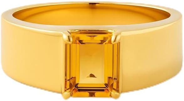 Emerald Cut Yellow Citrine Ring for Men & Women 14K Yellow Gold Minimalist Wide Band Gold Ring with Rectangular Gemstone Modern Statement Ring Handmade Jewelry Gift