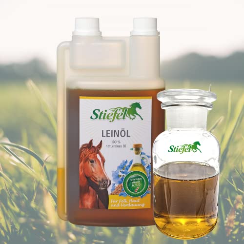 Stiefel Leinöl für Pferde, 100% naturreines Öl, kaltgepresst, kann den Fellwechsel, die Verdauuung & Haut unterstützen, flüssig mit Dosierflasche, 1l