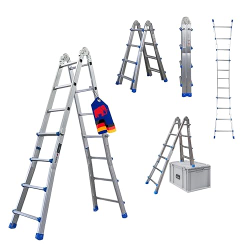 PROREGAL Sprossen-Mehrzweckleiter Apollo 3-in-1 Aluminiumleiter 4x4 Sprossen bis zu 4m Höhe Traglast 150kg Silber Treppenleiter Multifunktionsleiter Klappleiter Teleskopleiter Stehleiter Anlegeleiter