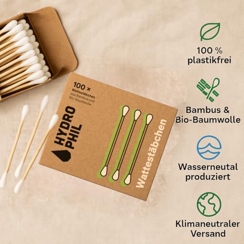 HYDROPHIL Wattestäbchen aus Bambus & Bio-Baumwolle – 1000 Stück – plastikfrei, biologisch abbaubar, nachhaltig & vegan – Bambus Wattestäbchen für Ohren, Make-up & Hygiene