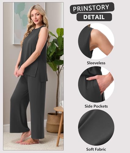 Image of PrinStory Womens Pajamas Sets 2 Piece Soft Pjs for Women Sleeveless Pajama Set Summer Loungewear with Pockets