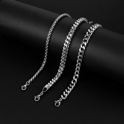 3 PCS Mens Bracelet Silver Bracelets for Men Set Waterproof Stainless Steel Men Jewelry, Adjustable Cuban Chain Bracelet for Boy Boyfriend as Halloween Gifts, Dad and Son Pulseras Para Hombres3