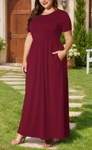 Image of KARALIN Women Plus Size Maxi Dress Short Sleeve Round Neck Loose Fit A-Line | Plus Size Long Dress,Summer Casual Maxi Dresses,Short Sleeve,Side Pockets,Round Neck,Elastic Waist,14 Plus - 26 Plus