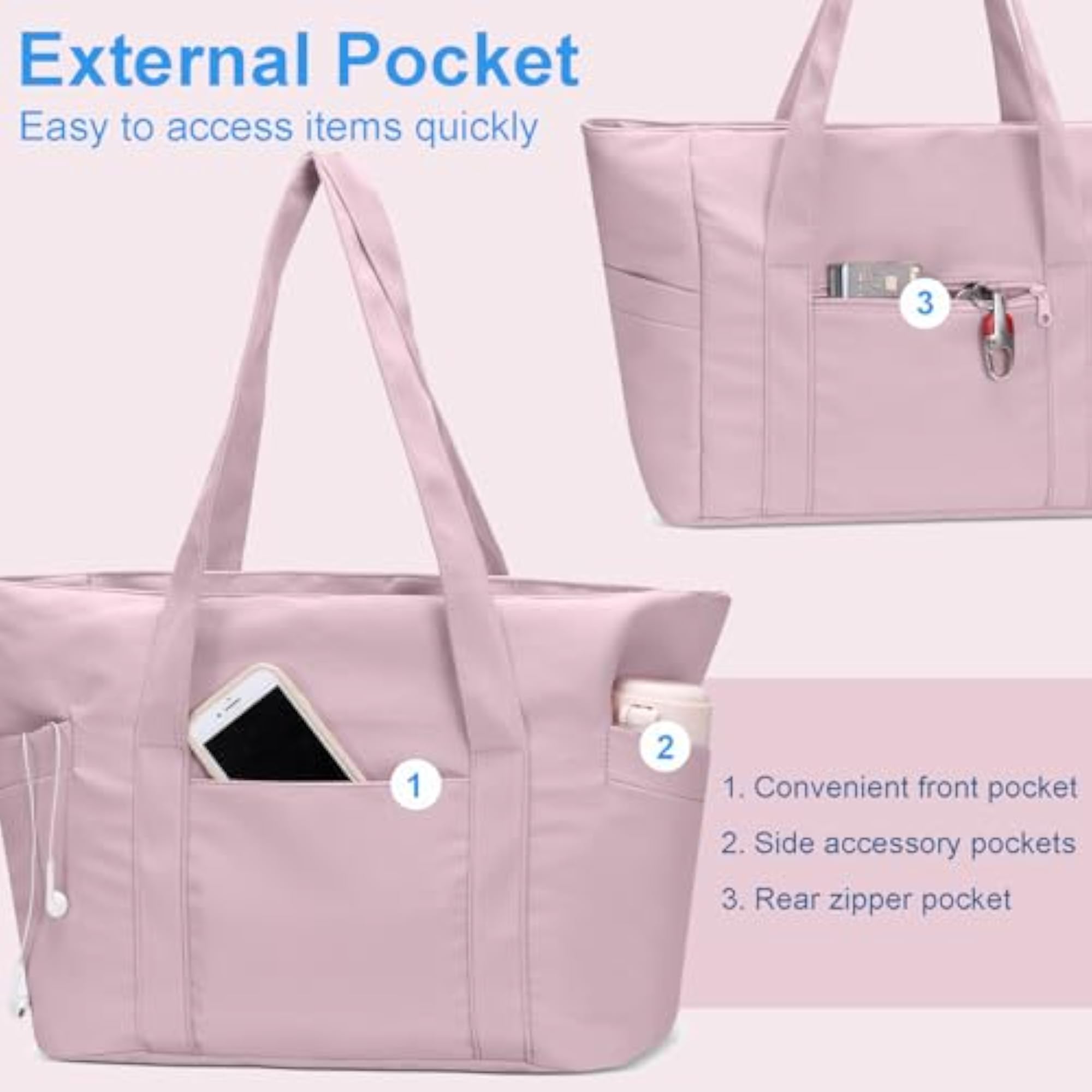 Large Tote Bag with Zipper, Lightweight Work Tote for Women