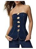 Milumia Women's Metal Button Front Denim Tube Top Elegant Sleeveless Bandeau Tops Dark Wash Small