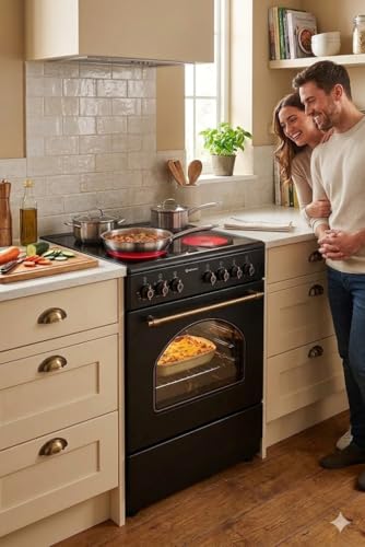 Miniatura 8 de Solthermic Cocina Electrica Vitroceramica Con Horno Incorporado Negra Rústica Acabados Dorados Ancho 60 Cms 4 Focos Horno 60 L. Funcion Turbo Y Temporizador Entrega En Domicilio Incluido