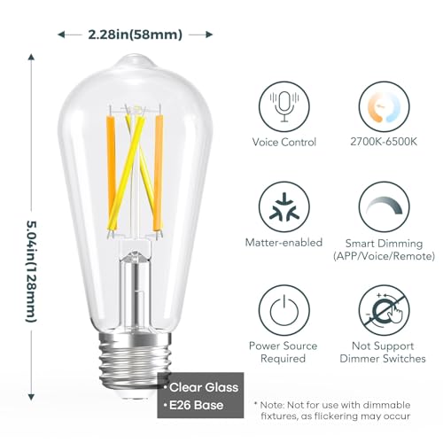 Image of Linkind Matter Smart Edison Light Bulbs, ST19 (58) Vintage Bulbs, 4 Pack | Work with Alexa /Google /Apple Home /SmartThings, 2700K-6500K Warm White to Daylight LED Filament Bulb, E26 Bulb 8W 60W 800LM