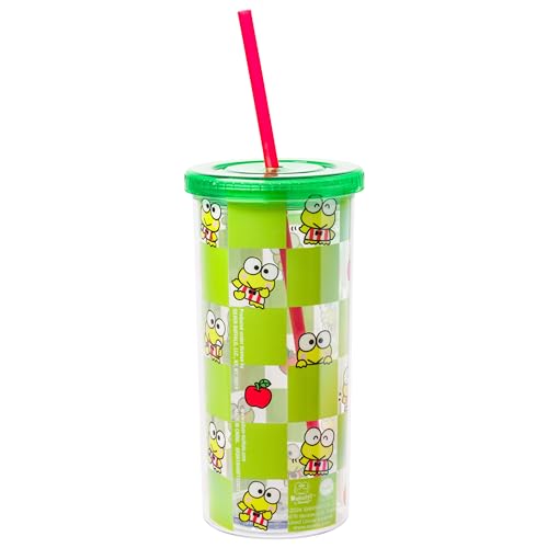 Image of Silver Buffalo Sanrio Hello Kitty and Friends Keroppi Green Checkered Plastic Cold Cup with Lid and Straw, 20 Ounces | Hello Kitty and Friends, Checkered Pattern, Includes Lid and Straw, 0.59 Liters