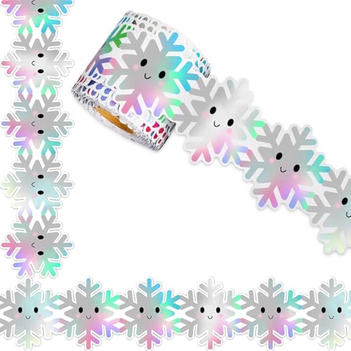 Cenefa de copos de nieve de 10 m, ideal para decoración de mesa de invierno, para aulas, oficina, pizarra de Navidad, cenefa