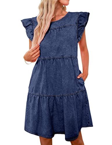 Image of luvamia 2025 Denim Dress for Women Summer Babydoll Sleeveless Ruffle Sleeve Mini Dresses Loose Flowy Swing Pleated Dress