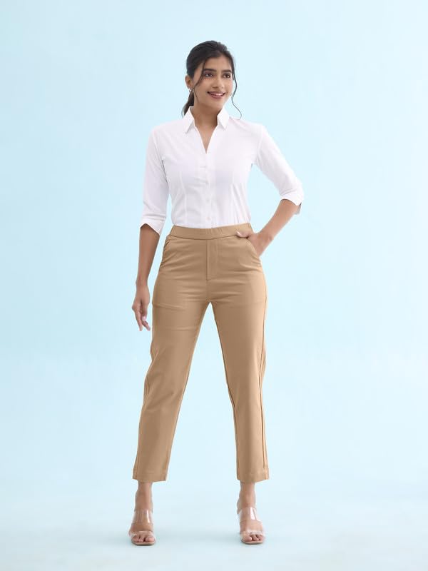 Image of GO COLORS Solid Tapered Fit Chino Pants for Women |Mid Rise, Side Pocket