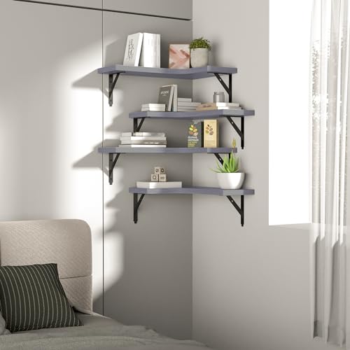 Image of ROMGUAR CRAFT Corner Floating Shelves Wall Mounted Set of 4, Rustic Wood Storage Display Shelves for Home Decor, Bathroom, Kitchen, Bedroom, Living Room, Office (Light Grey)