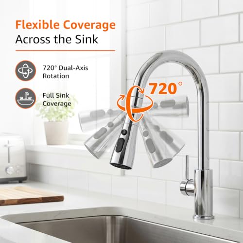 Image of Amazon Basics Tap Extender | ABS Plastic Faucet Attachment with 3 Flow Modes | 720 Degree Rotation | for Hard-to-Reach Sink Areas [Chrome]