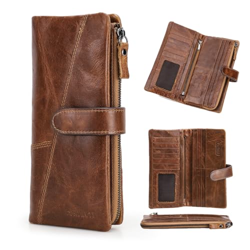 Contacts Mens Clutch Wallet Leather Purse for Men Long Zipper Brown Phone Wallet Card Holder Bifold Coin Wallet