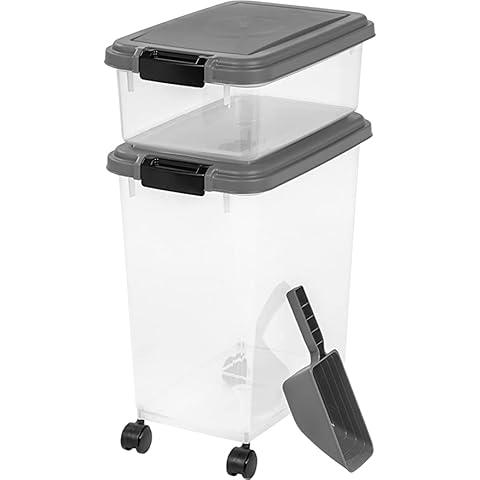3-Piece Airtight 50L (13.5 + 37L) Pet Food Storage Container Rolling for easy mobility with Measuring Scoop Plastic Pet Dog Cat Animal Dry Food Dispenser (Grey) Cover