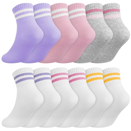 Image of Zuimei 6 Pairs Kids Socks Girls Cotton Junior School Socks, Striped Sports Crew Sock Soft Breathable Children Athletic Sock for Girls 6-9 Years, Stripe
