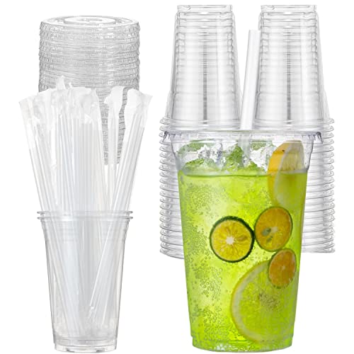 Artsotroly 20 oz Clear Plastic Cups with Lids and Straws Disposable Drinking Cups for Cold Drinks Iced Coffee Milkshakes Smoothies 25 Sets