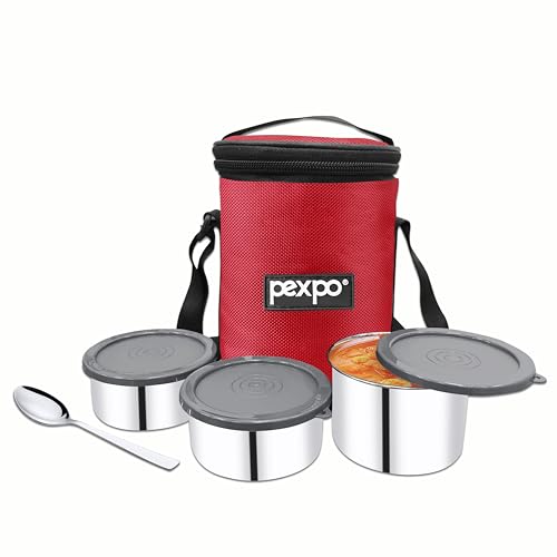 Image of Go24 pexpo Marvel-3 Stainless Steel Meal Box with 3 Containers (2 * 280ml & 430ml), 1 Spoon & Bag - Red |BPA Free Lid | Leak Proof | Lunch Box for Office Men and Women