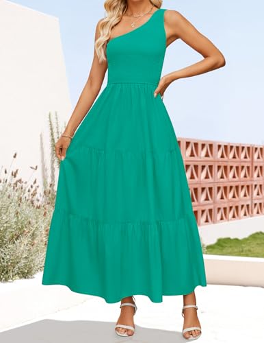 Image of ZESICA Women's 2026 Bohemian Summer Floral Print One Shoulder Sleeveless Smocked Ruffle Tiered Beach Long Midi Dress
