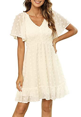 Zattcas Womens Smocked Ruffle Dress Short Flutter Sleeve V Neck Swiss Dot Dress Cream M