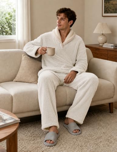 Image of Mens Fluffy Coral Fleece Pajamas Set Pullover Pants Loose Plush Warm Loungewear Sleepwear