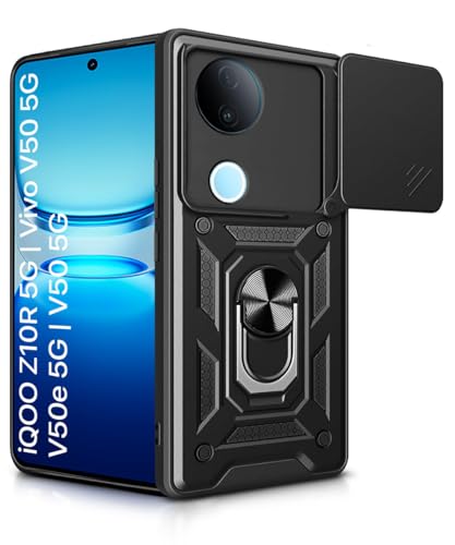 Image of WOW IMAGINE Tough Armor Bumper Mobile Back Case for iQOO Z10R 5G | Vivo V50 5G | V50e 5G | Sliding Camera Cover | Shock Proof 360 Protection | Hybrid PC + TPU | Ring Holder with Kickstand - Black