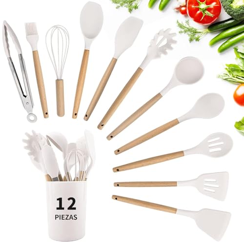 La Mejor Lista de Utensilios de cocina los 5 más buscados. 48 Juego de Utensilios de Cocina de Silicona Utensilios-Juego de 12 Herramientas de Cocina Antiadherentes Resistentes al Calor con Mango de Silicona y Madera, Ideal para Cocinar y...