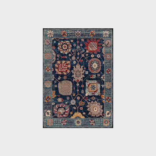 Tapis de salon bleu rétro rectangulaire aux finitions douces et soignées