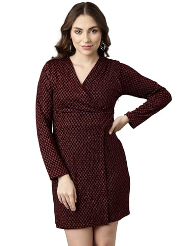 Image of SHOWOFFFF Women Self Design Wrap Party Dress | V Neck Full Sleeves Jersey Dress for Womens | Above Knee Dress for Women's