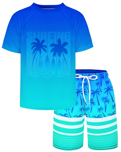 Boys Two Piece Rash Guard and Swim Trunks Outfit Set Kids Short Sleeve Swimsuit