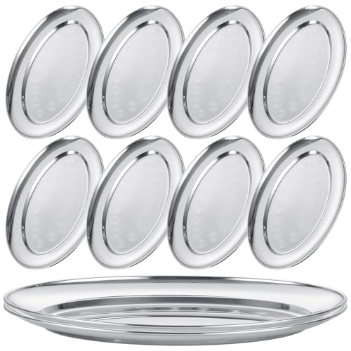 AKOLAFE 10PCS Sizzle Platter for Serving Food Medium Serving Trays for Party Buffet Oval Serving Platter Set Silver Tray Decorative Metal Trays Stainless Steel Tray Long Sizzler Plates for Sushi Snack