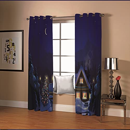 Bishilin Cortina de poliéster con diseño de árbol de Navidad con luna, ventana para dormitorio infantil, 274 x 183 cm