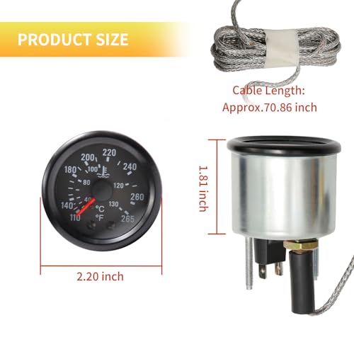2" /5.2cm Mechanical Water Temperature Temp Gauge for Cars, 12V Mechanical Water Temp Gauge Yellow Light with Sensor NPT 1/2 Reading Range 40-130℃ / 110-265℉ by ZUDKSUY - Image 2