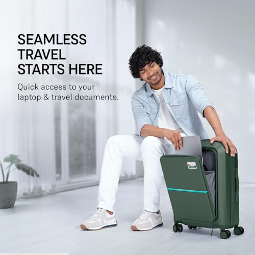Image of Urban Jungle Polycarbonate 360 Degree by Safari, Cabin Trolley Bag with Laptop Compartment, Hardside Small(55 Cm) Suitcase with USB Charging Socket, 8 Silent Wheel Luggage for Both Unisex(Dark Green)