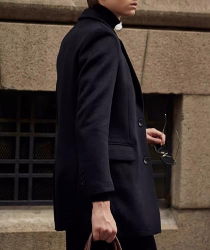 SOMTHRON Men's Mid Long Trench Coat Single Breasted Notched Collar Slim Fit Peacoat Winter Jacket Overcoat4