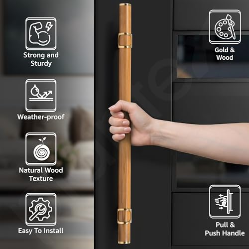 Image of Plantex 18 Inch Main Door Handle /Stainless Steel & Wooden Door Handle /Pull-Push Handle for Door /Office & Hotel - Pack of 1 (DTMD-428, Gold & Wood)