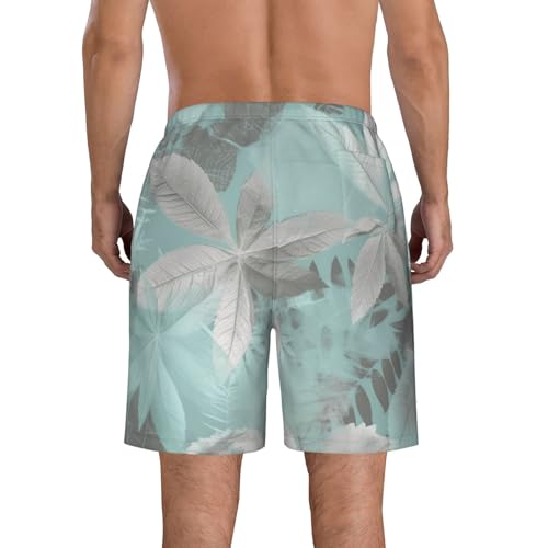 Mint Gray Leaves Men's Swim Trunks Quick Dry Board Shorts with Pockets Casual Drawstring Beach Shorts3