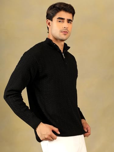 Image of Kvetoo Men's Full Sleeve High Neck Zipper Sweater| Warm Cable Knit Quarter Zip Pullover | Wool Winter Sweater for Casual & Office Wear
