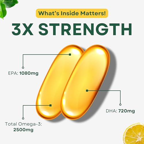 Image of Omega-3 Salmon Fish Oil Capsules 2500mg - Lemon Flavour Triple Strength Supplement for Heart, Brain, Joint Health, Cholesterol Management & Immune Support | 1080mg EPA and 720mg DHA | - 60 Softgels