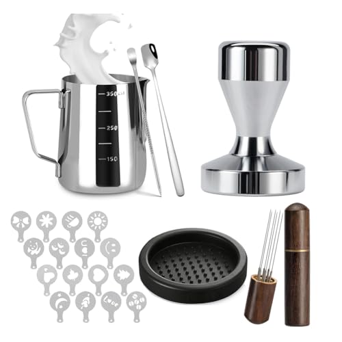 Mocturnity Juego de Prensador de Espresso de 51 mm, Kit de Espresso Que Incluye Prensador de Café, Jarra para Espumar Leche, Herramienta WDT para Espresso y Tapete Prensador