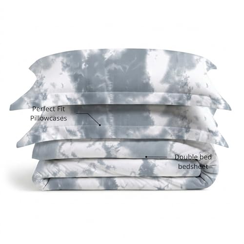 Image of VELOURA Tie-Dye Bedsheet Set, 100% Cotton, King Size 108x108 Inches, 300 Thread Count, with 2 Pillow Covers (Dark Blue)