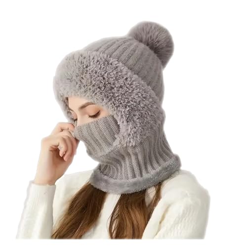 3 in 1 Beanie Hat for Women,Winter Windproof Full Cover Cold Resistant Knit Hooded Scarf &Neck Warmer (Grey,Taglia Unica)