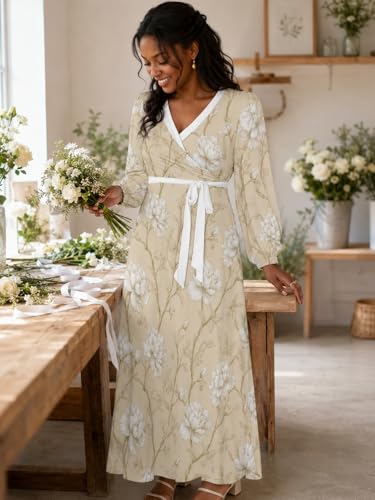 Image of PinkPatty Plus Size Dresses for Curvy Women V Neck Flowy Long Sleeves Wrap Maxi Dress Travel Vacation Outfits