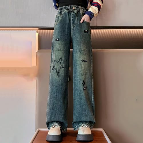 Girls Cute Print Pants 𝐘2k Baggy Wide Leg 𝐕intage Denim Trousers Youth Casual Elastic Waist Straight Leg Jeans3
